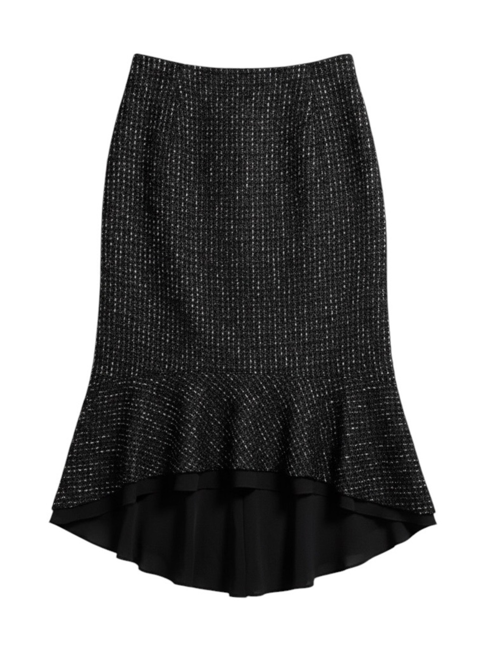Escada Black Tweed Skirt Ruffle Hem Fluted Trumpet Luxury Size 44 NWT Hi-Low